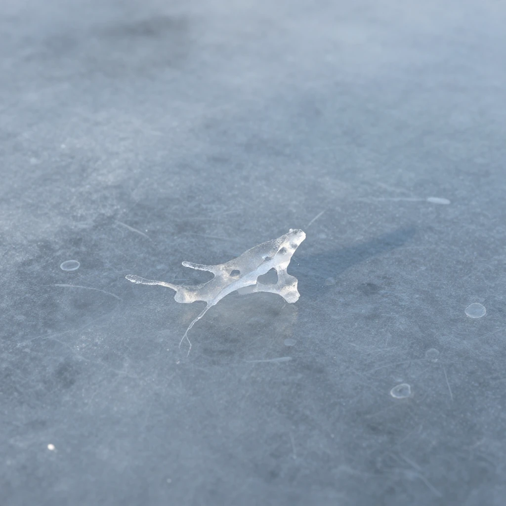 A fragile, melting ice surface in the foreground, with soft ...