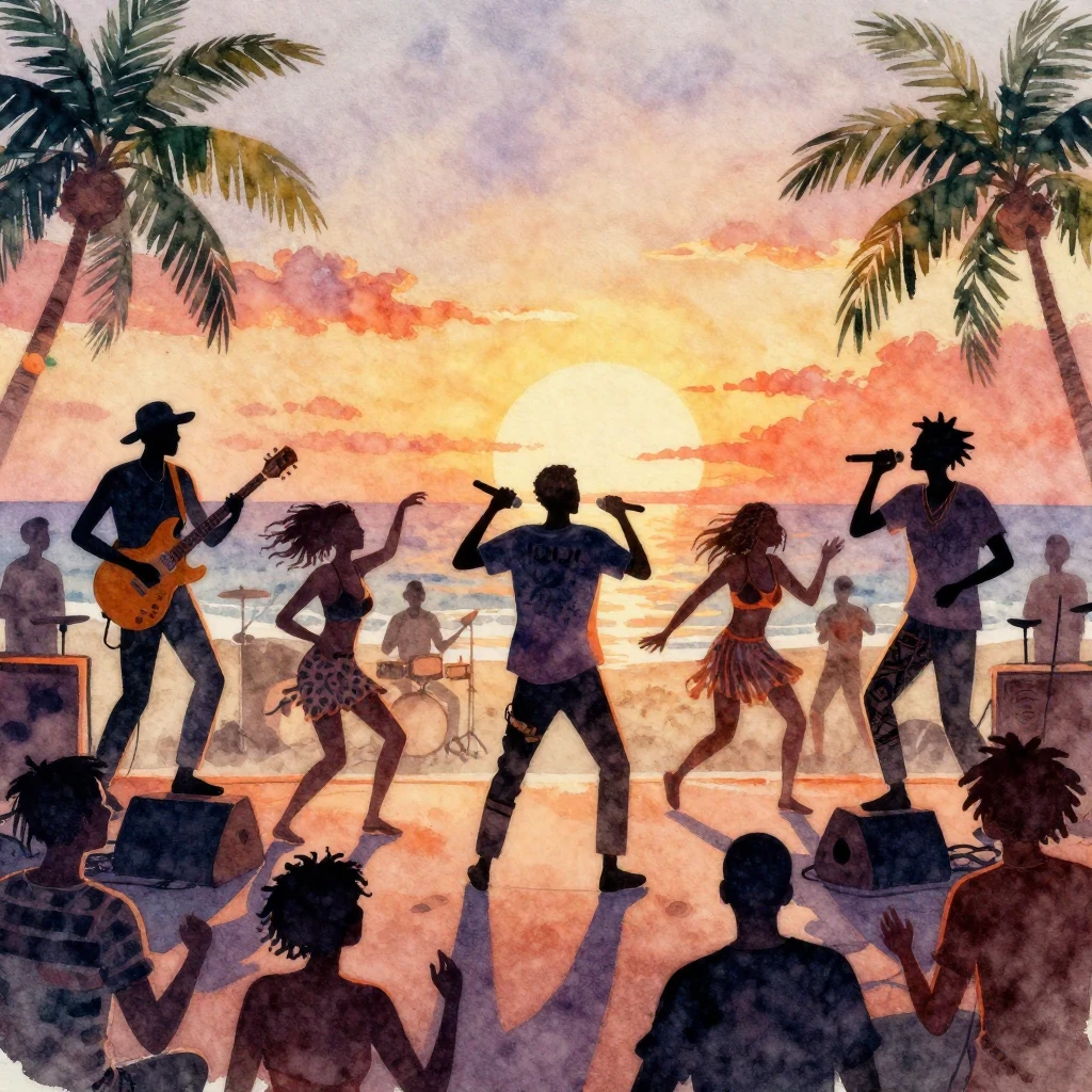 A vibrant watercolor painting of an energetic reggae-ska con...