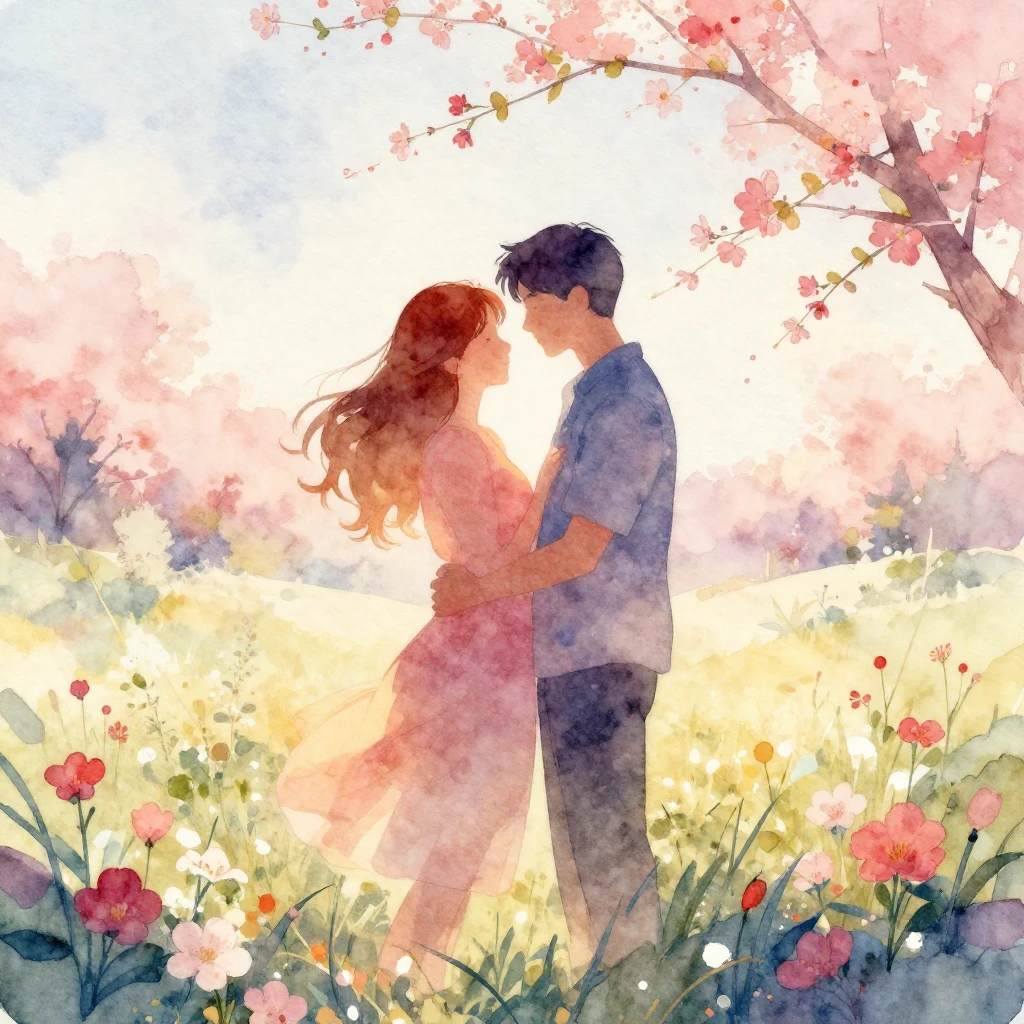 Vibrant watercolor style, a romantic silhouette of a couple ...