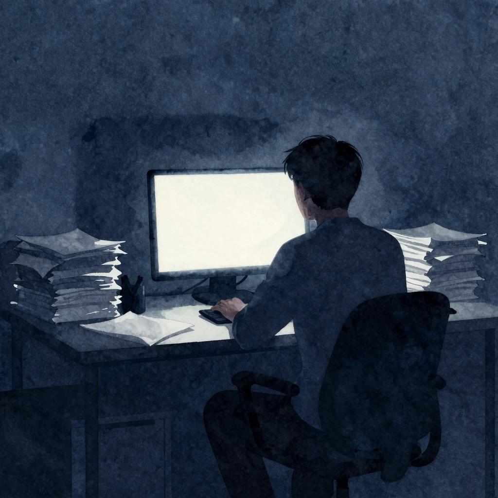 Watercolor style. Silhouette of a person sitting at a desk w...