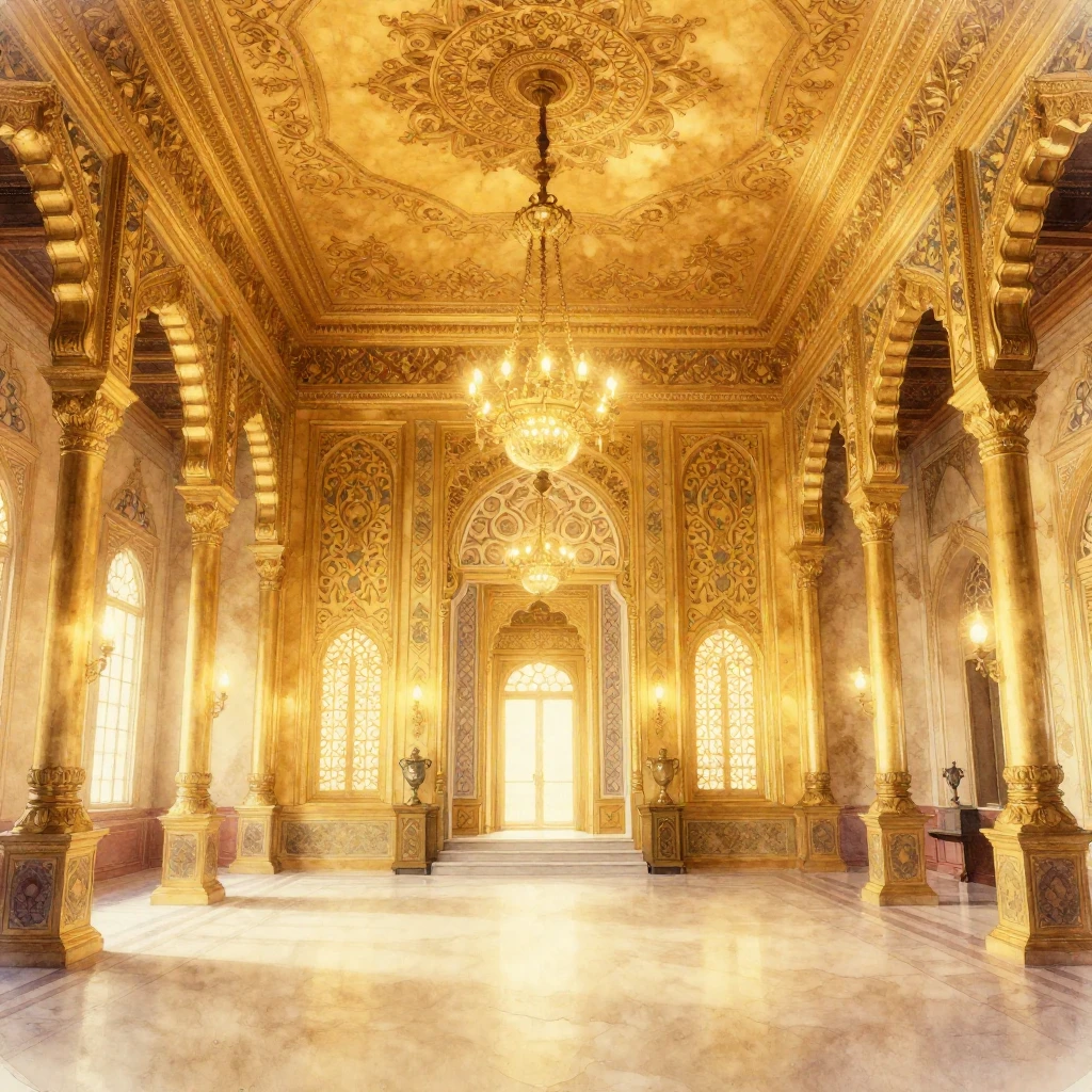 A lavish golden palace interior, showcasing intricate orient...