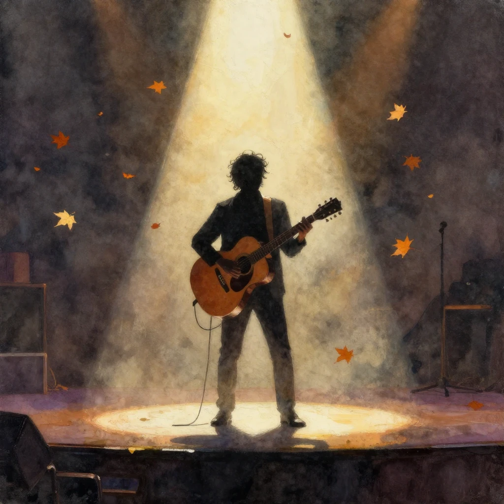 A solitary figure of a singer on a stage, in silhouette, hol...