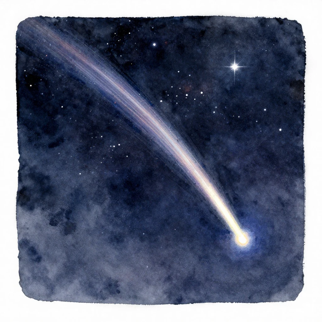 A vibrant, streaking comet blazing across a dark night sky, ...