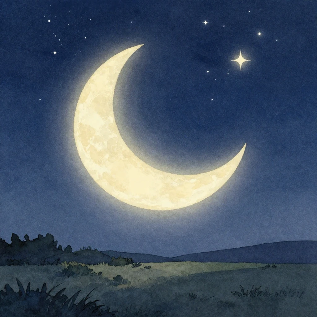 A serene night scene with a crescent moon and twinkling star...