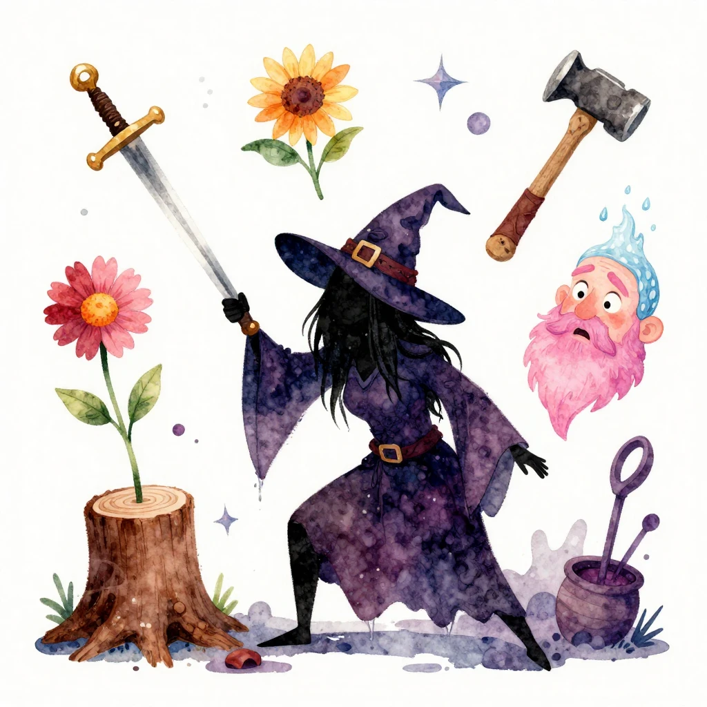 A vibrant watercolor illustration of a whimsical witch in a ...