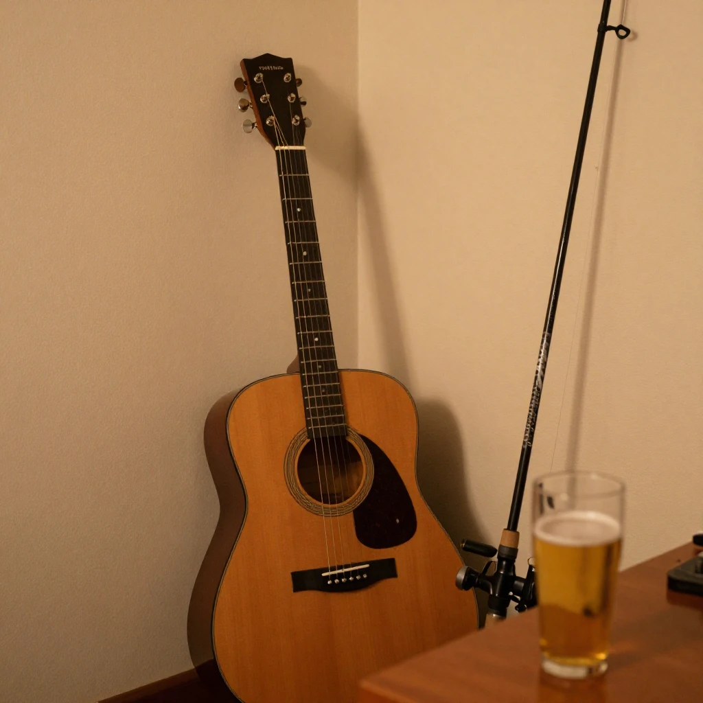 A guitar leaning against a wall and a fishing rod in a corne...