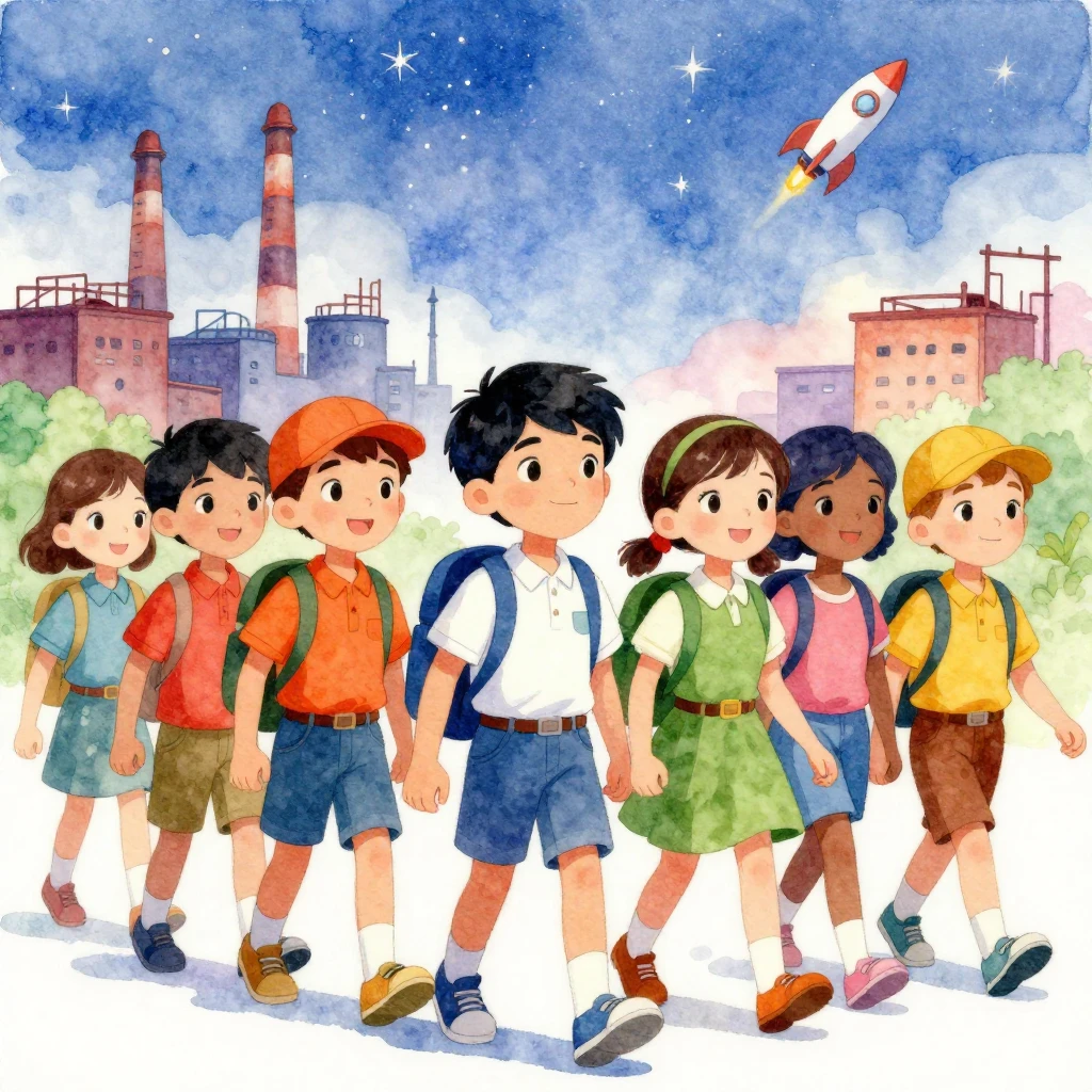 A group of diverse young pioneers, boys and girls, marching ...