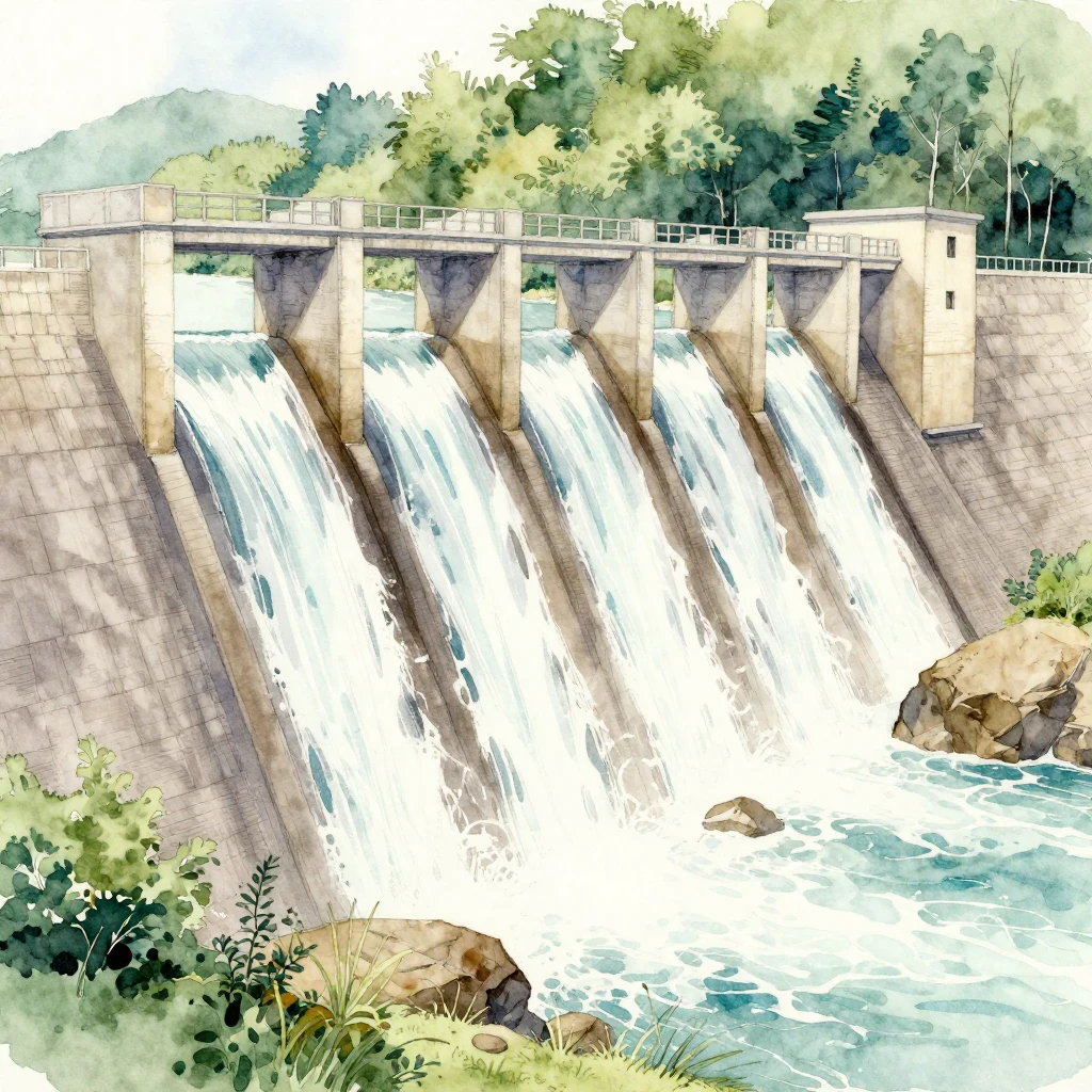A watercolor painting of a large, sturdy dam structure, with...