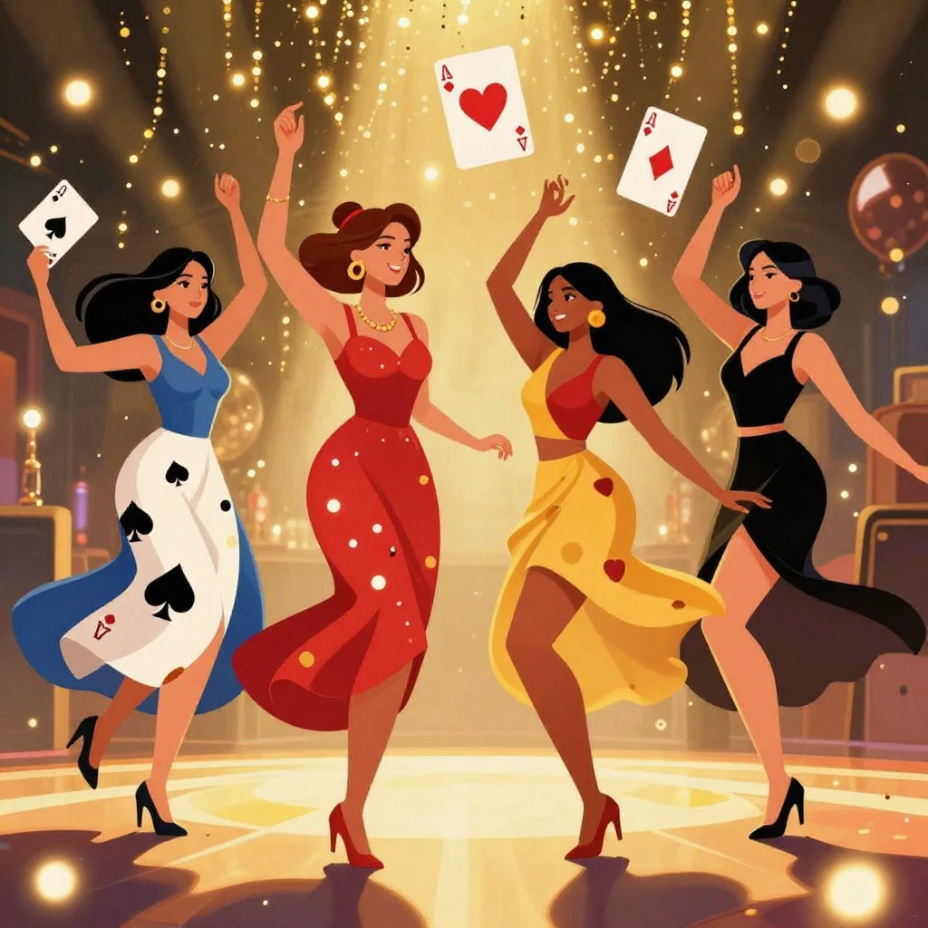 A vibrant, dynamic illustration of four stylized playing car...