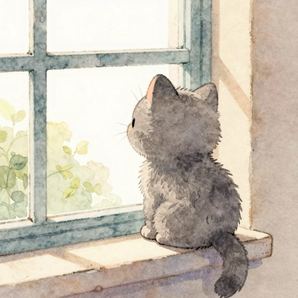 Watercolor style. A cute fluffy grey kitten sitting on a win...