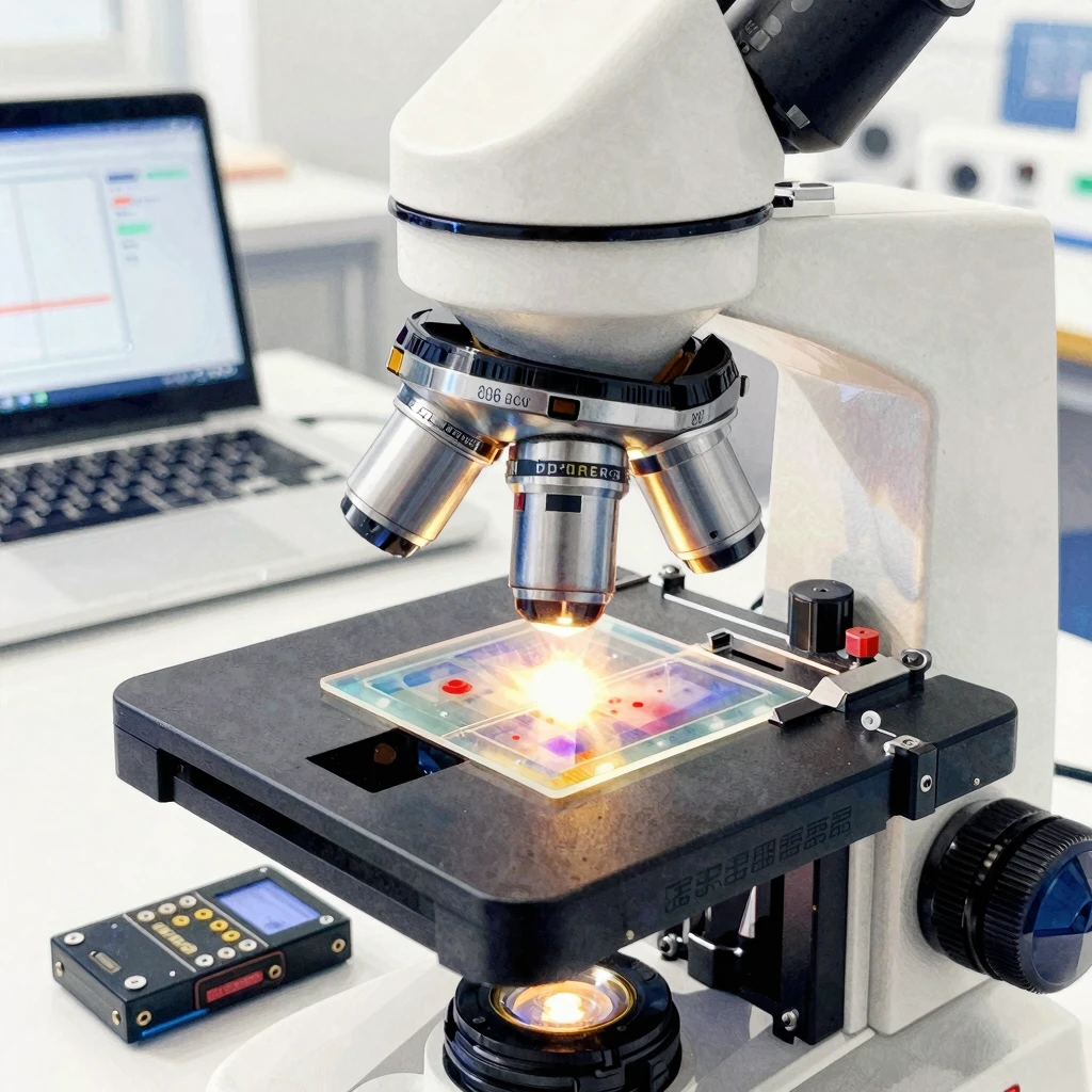 Watercolor style close up of an electronic microscope with g...