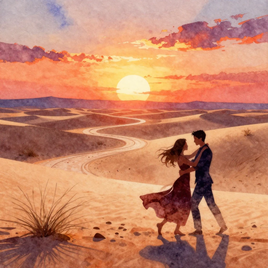 A vibrant watercolor painting of a desert landscape at sunse...