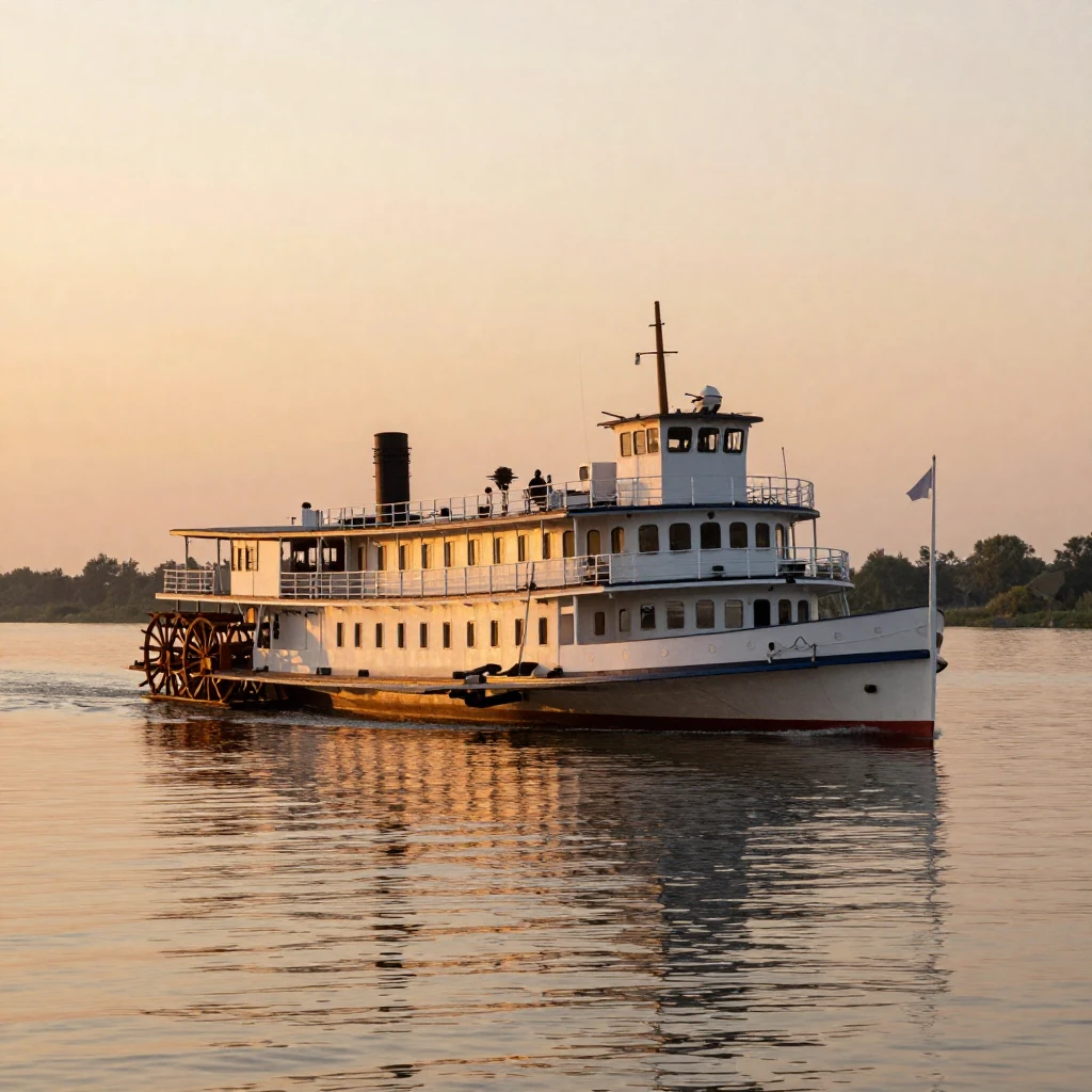 A majestic white steamboat with paddle wheels, cruising on a...