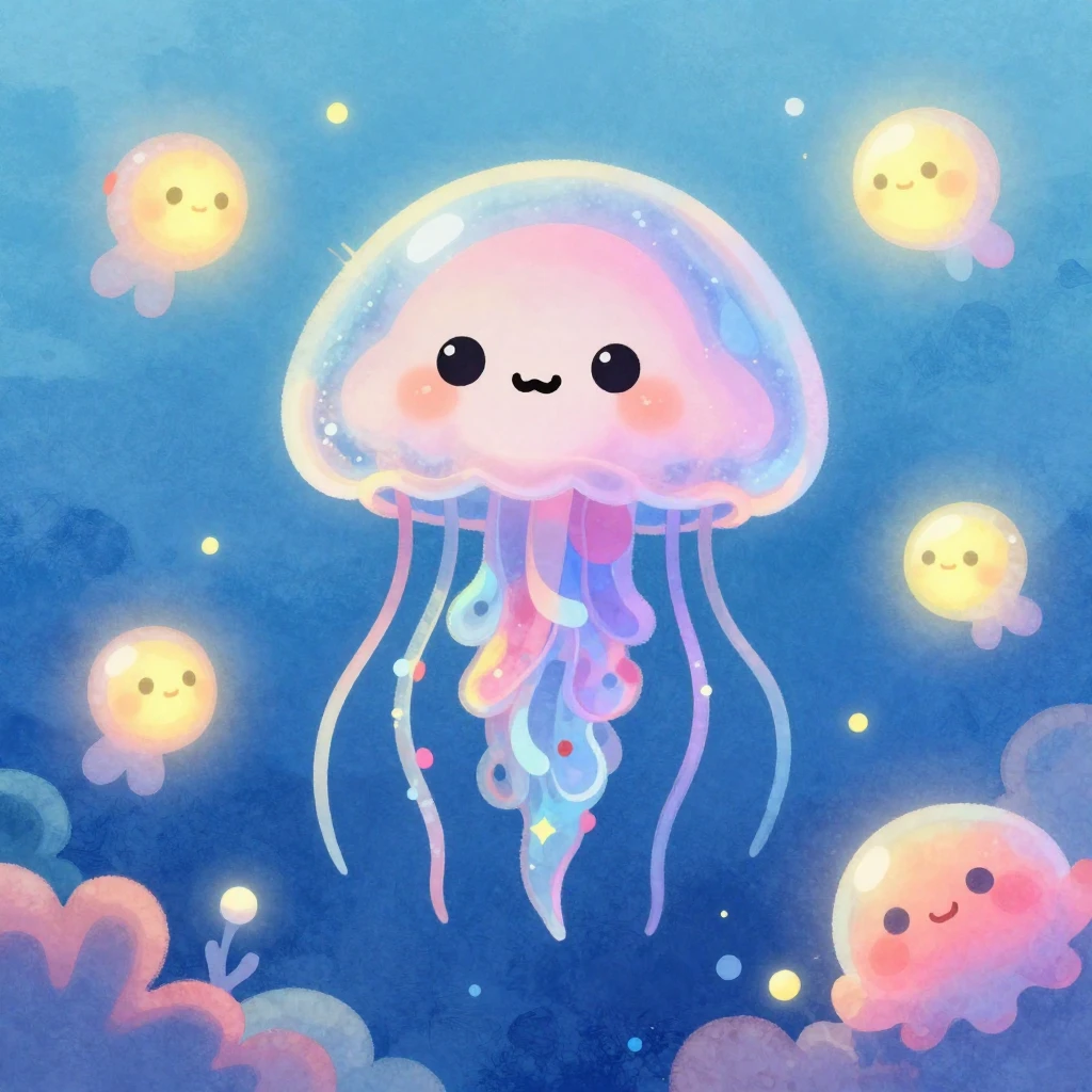 A cute, cartoonish, stylized jellyfish character with a gent...