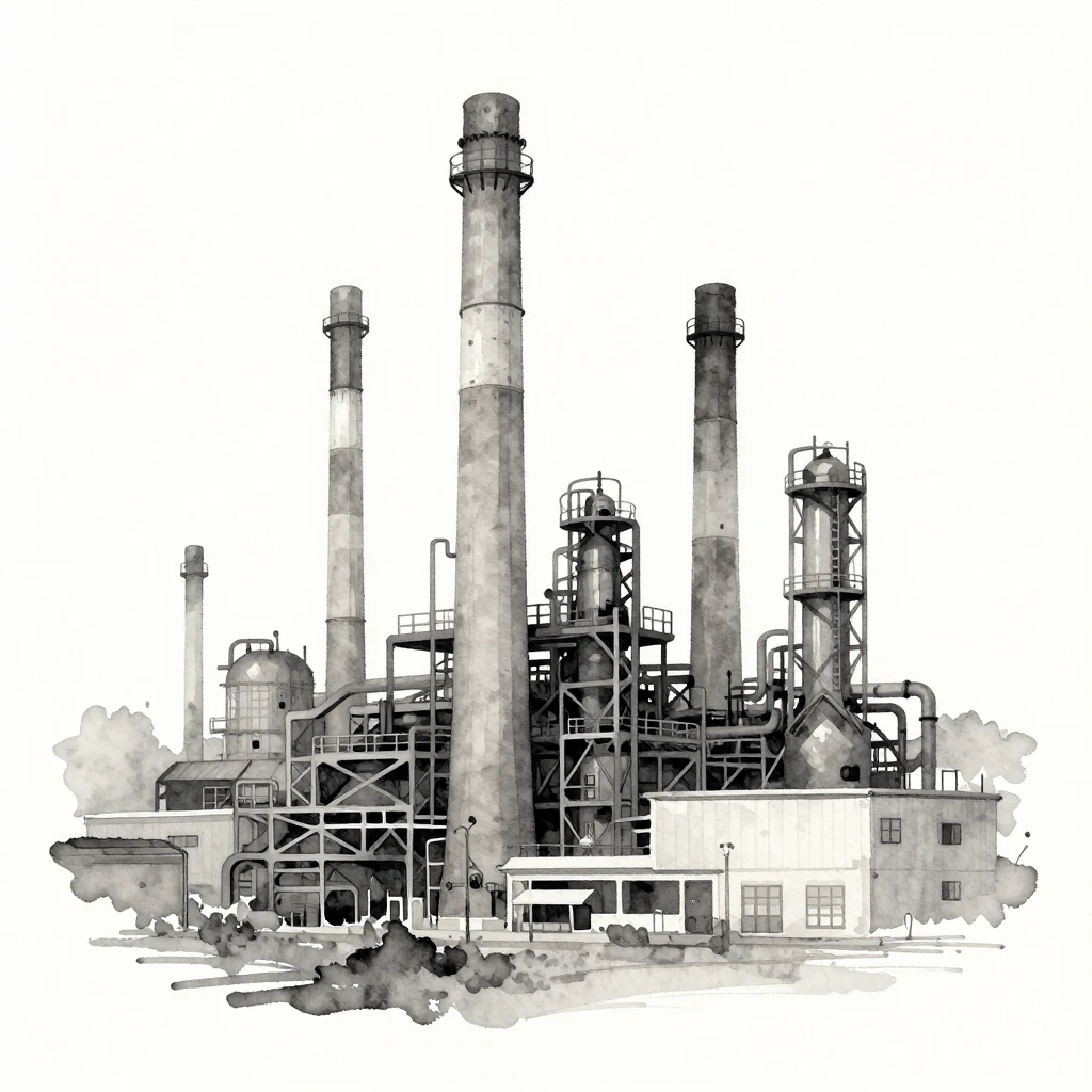 Monochromatic grey and white watercolor sketch of industrial...