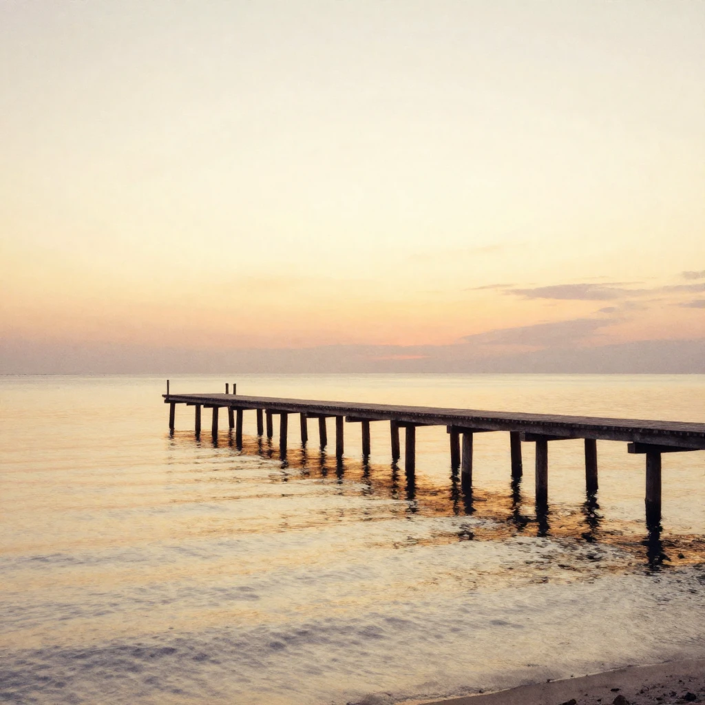 A watercolor painting of a long pier stretching into calm, g...