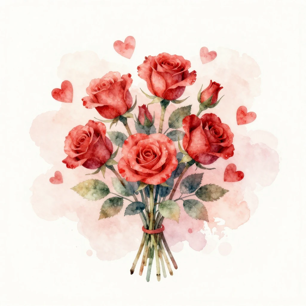 A watercolor illustration of a delicate bouquet of red roses...