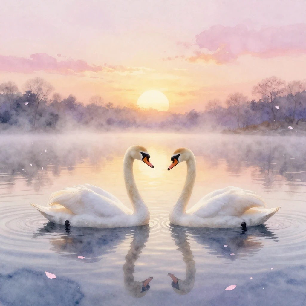 A soft watercolor painting depicting two elegant swans grace...