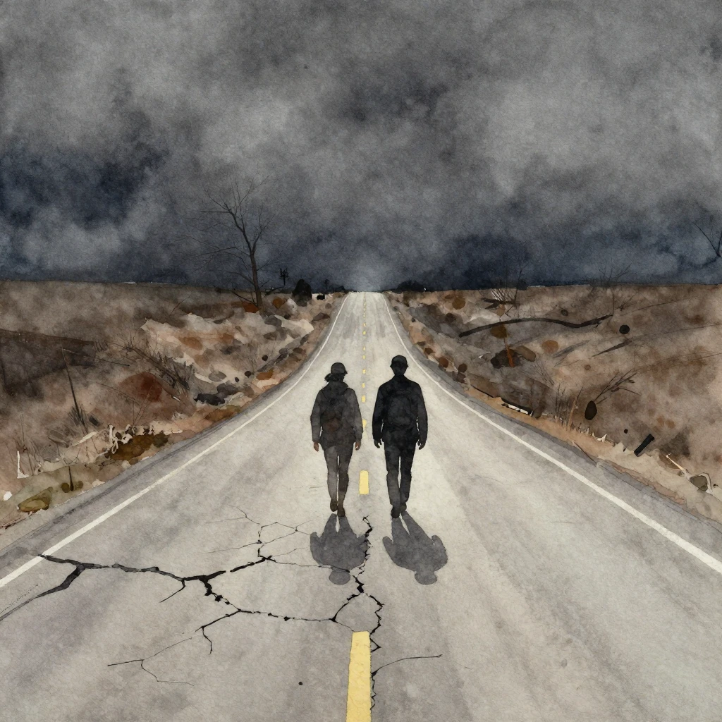A watercolor painting of two silhouetted figures walking awa...