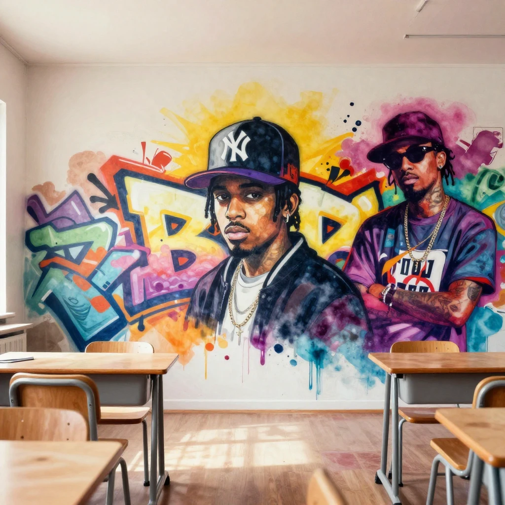 A classroom interior featuring prominent hip-hop graffiti st...