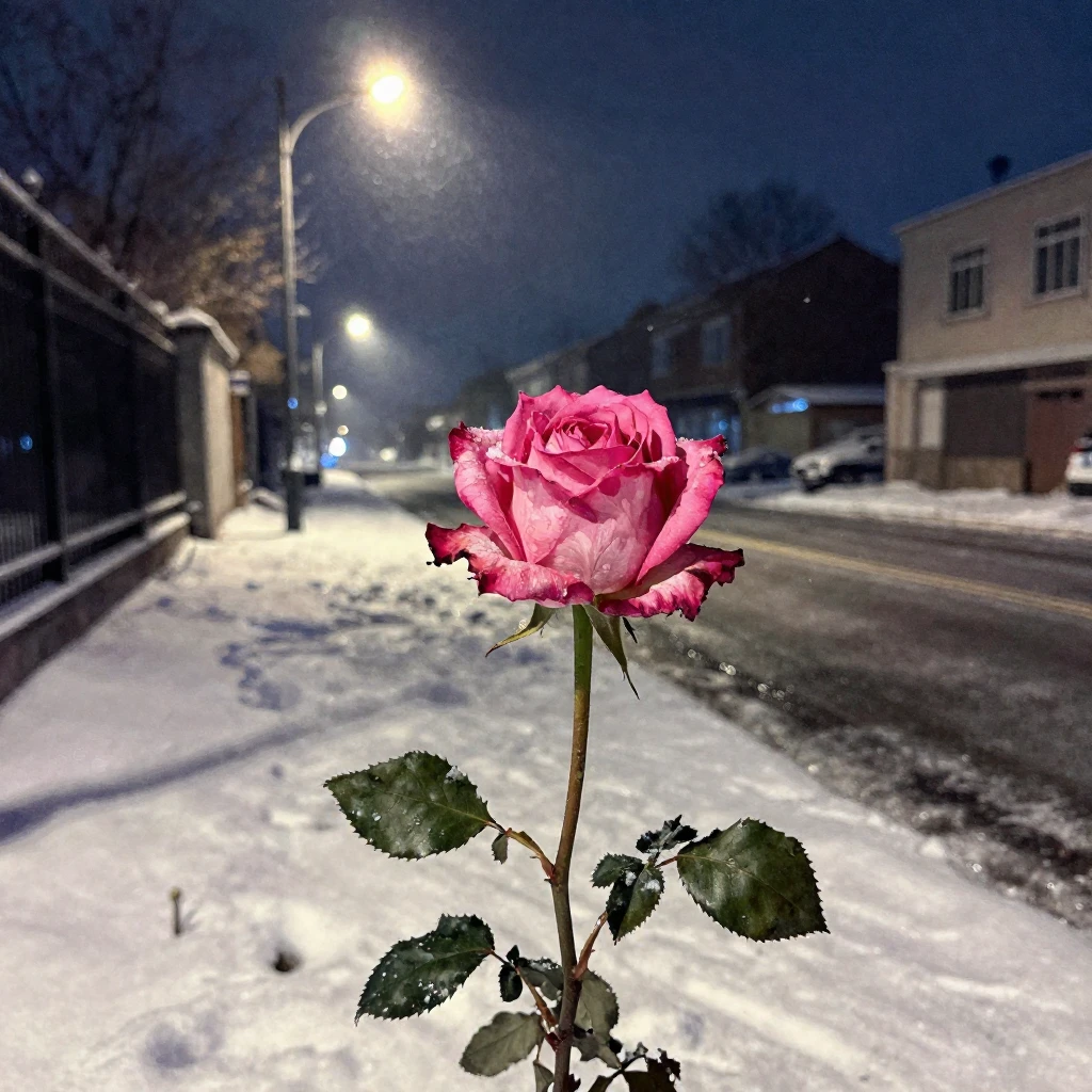 A single, wilting pink rose on a snowy, desolate city street...