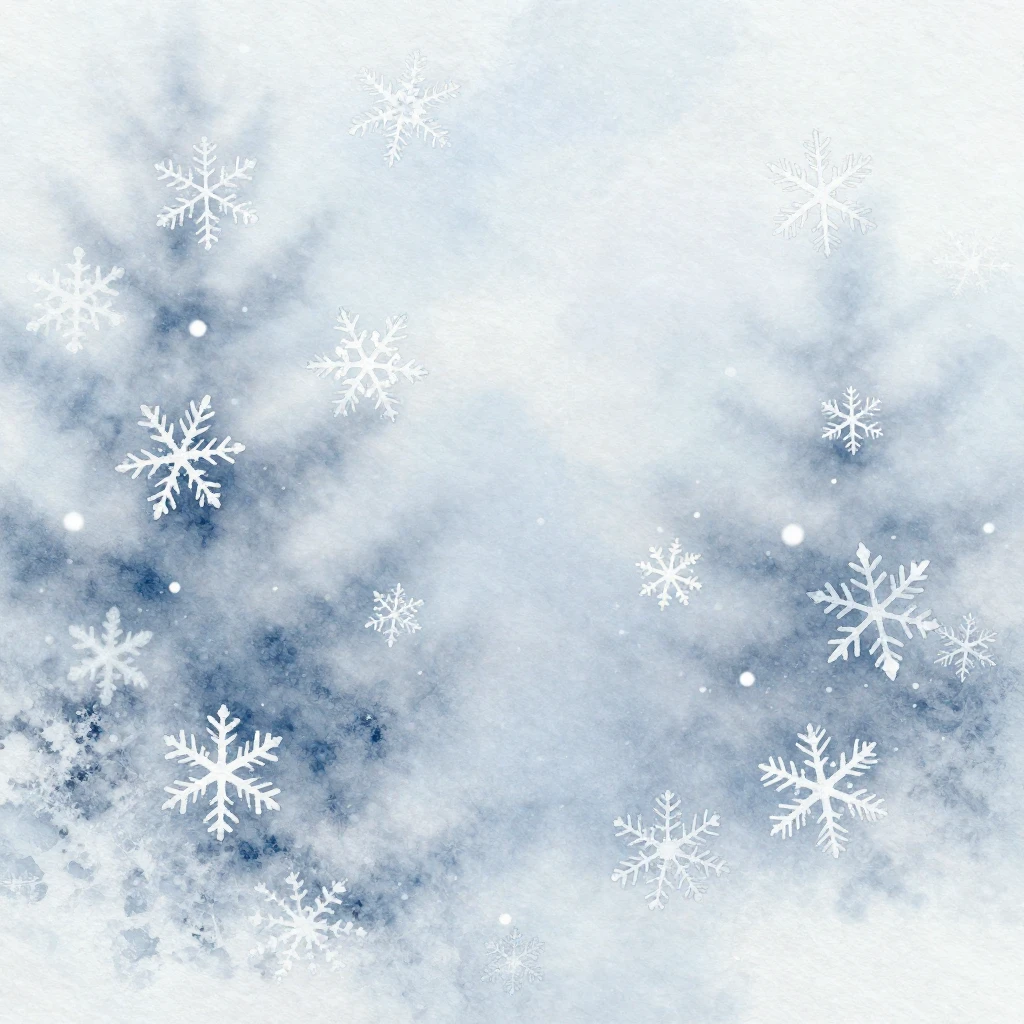 A detailed watercolor illustration of delicate snowflakes fa...