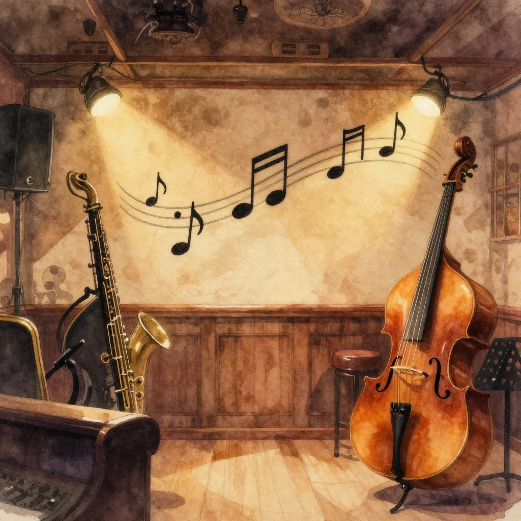 A vintage jazz club interior with soft, warm, low lighting, ...