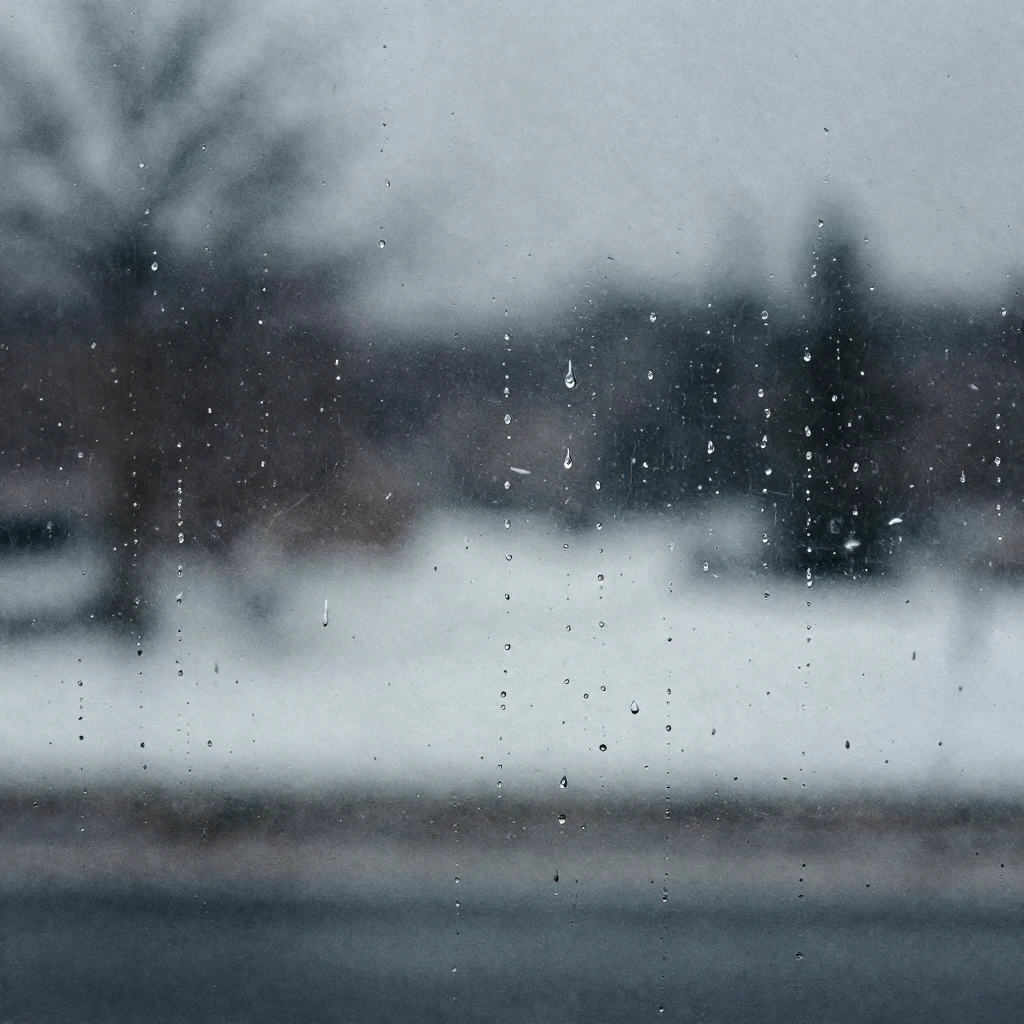Watercolor style, rain-streaked window, blurry snowy landsca...