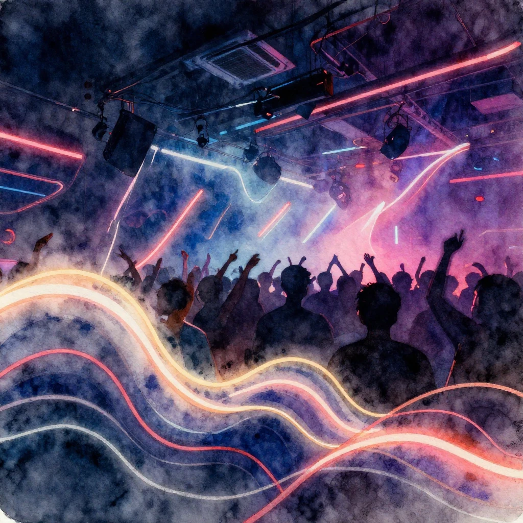 Watercolor style, abstract glowing neon waves in a dark room...