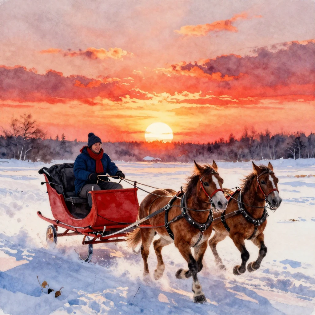 A watercolor painting of a traditional troika sleigh with a ...