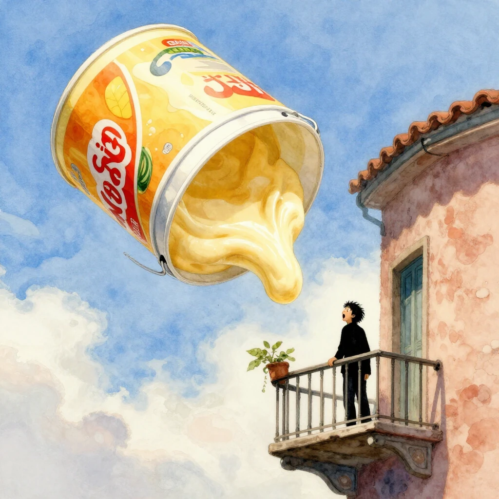 An absurd and humorous watercolor image. A giant, unexpected...