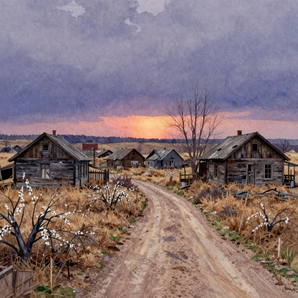 A desolate, forgotten village at dusk in vibrant watercolor ...