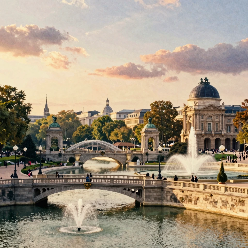 Watercolor style panoramic view of a grand city park with cl...