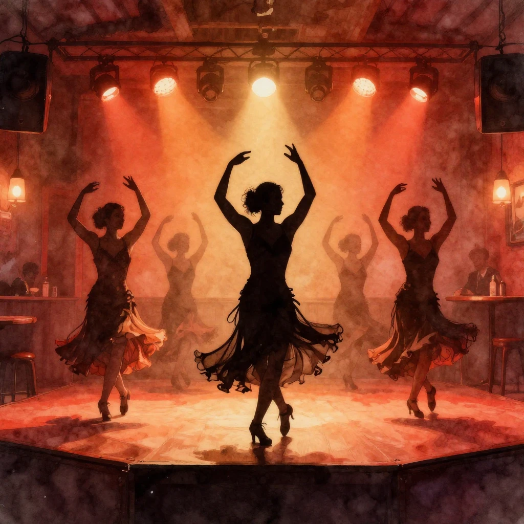 Silhouettes of energetic cancan dancers performing on a smal...