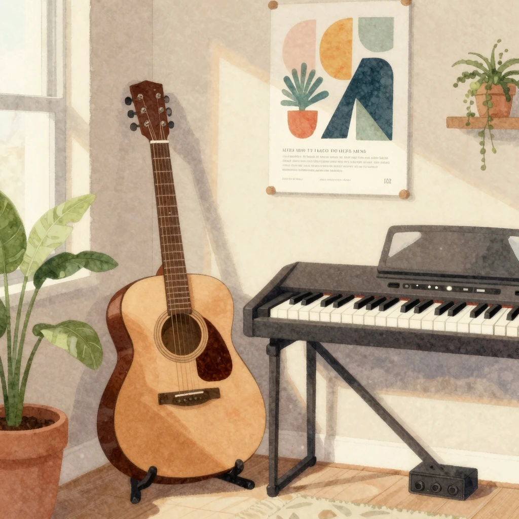 A cozy, sunlit room with a guitar leaning against a wall, a ...