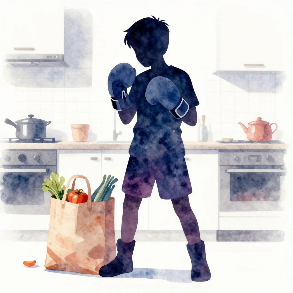 Watercolor style silhouette of a teenager in boxing gloves s...