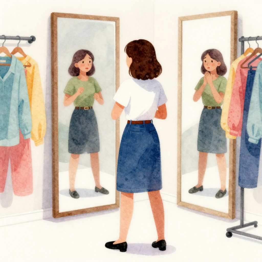 A vibrant watercolor illustration of a person in a fitting r...
