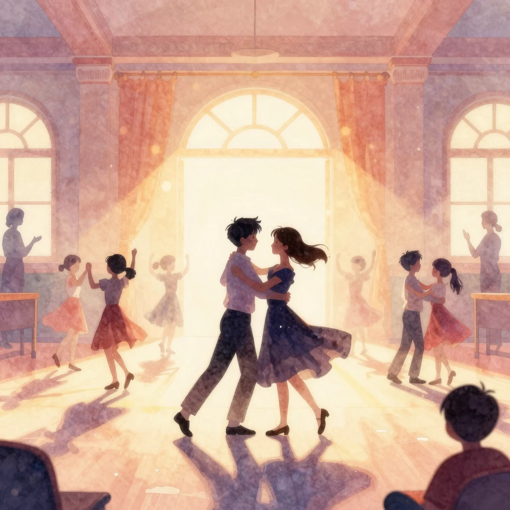 A vibrant, joyful watercolor illustration of a school hall f...