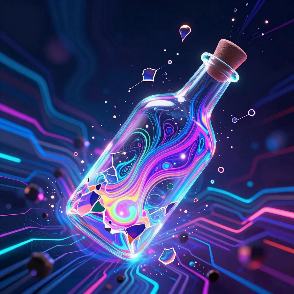 An abstract digital genie escaping a shattered bottle, flowi...