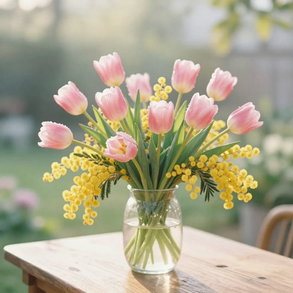 An elegant floral arrangement in a glass vase on a wooden ta...