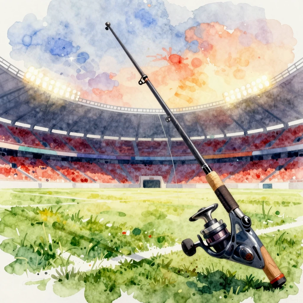 Vibrant watercolor style. Football stadium and a fishing rod...