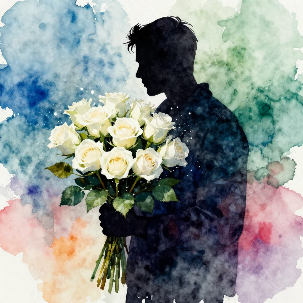Vibrant watercolor style, a silhouette of a man holding a bo...