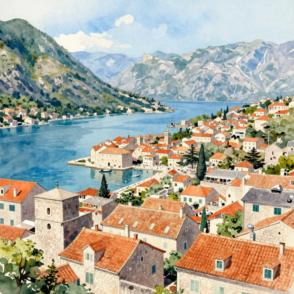 A breathtaking watercolor painting of a European bay city, s...