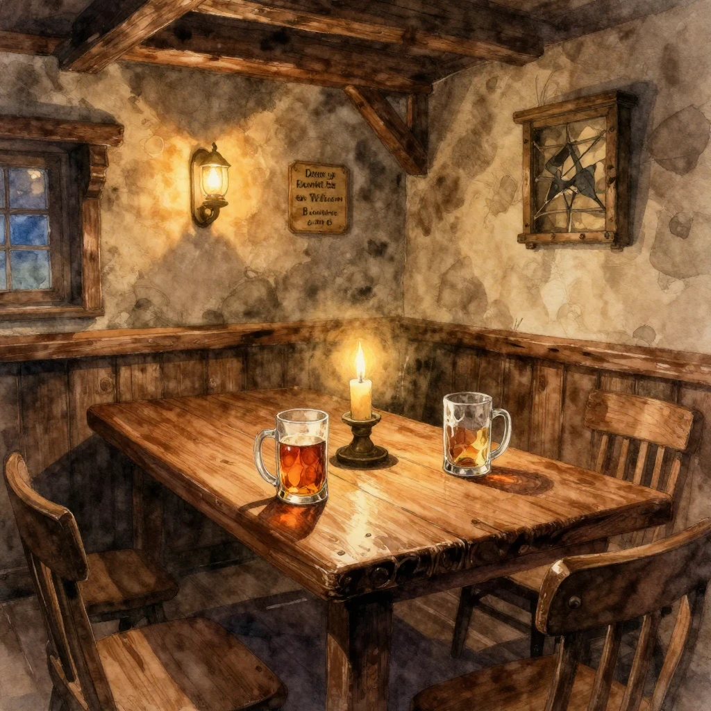 A cozy, dimly lit fantasy tavern interior, with a sturdy woo...