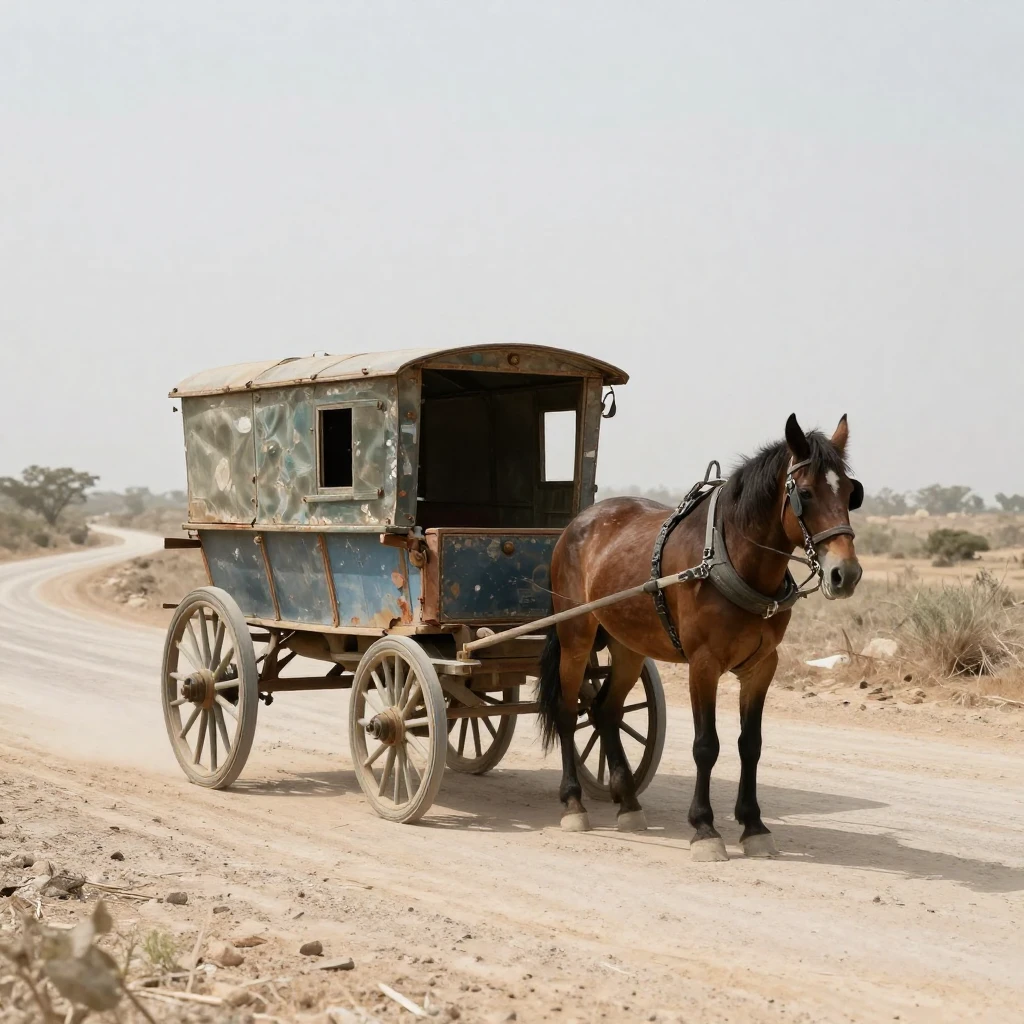 A lone, old-fashioned horse-drawn cart, slightly dilapidated...