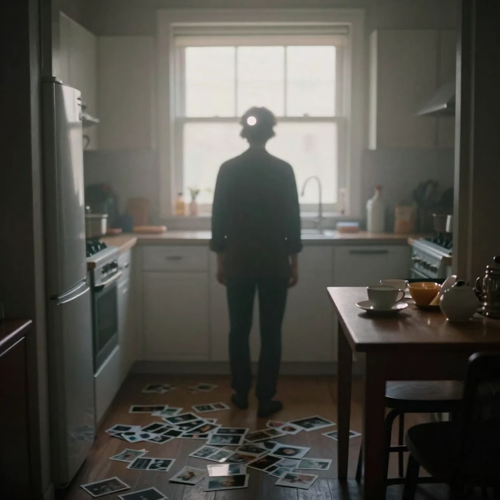 A subtle eclipse visible through a window in a dimly lit kit...