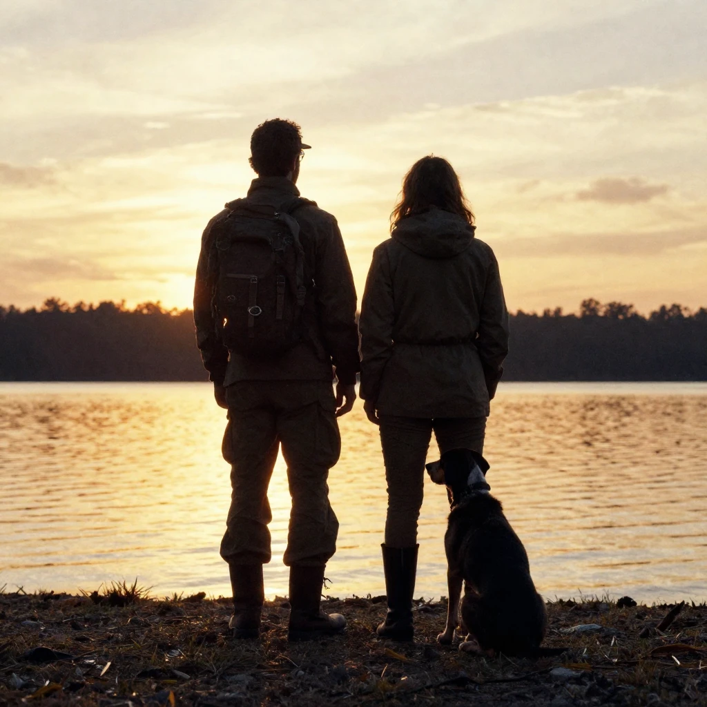 A silhouette of a man and his hunting dog standing together ...