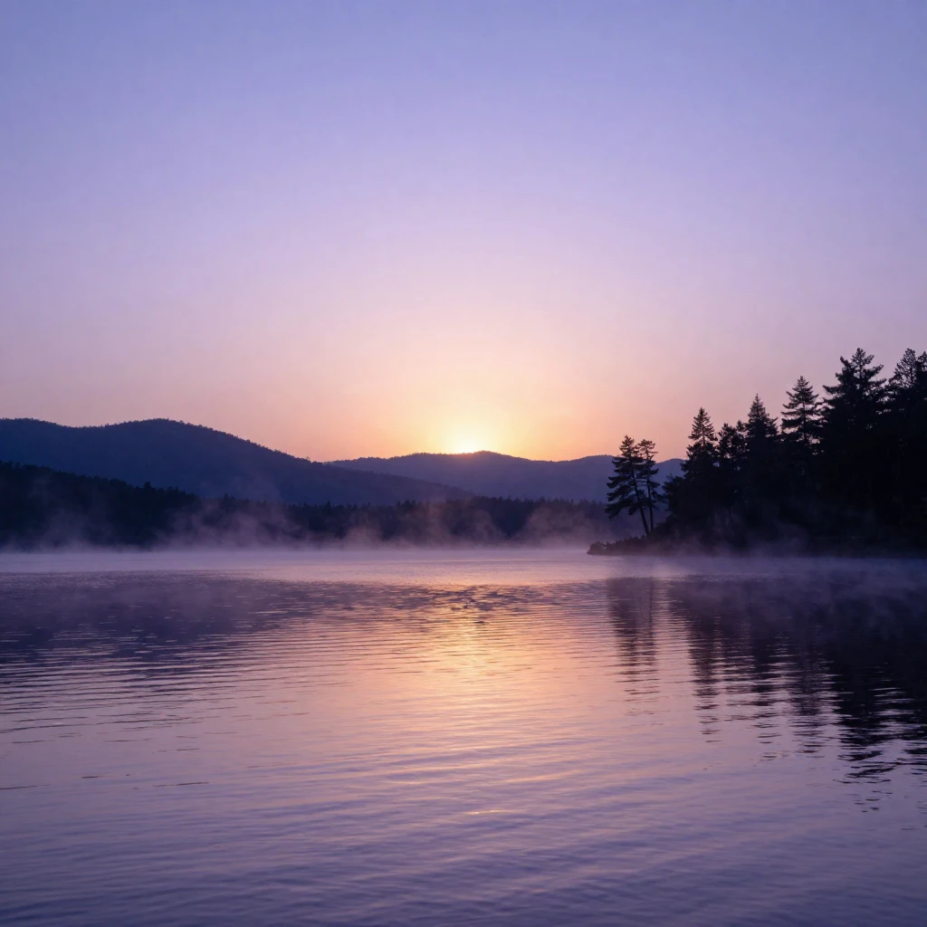 A tranquil landscape at dusk with a calm lake reflecting sof...