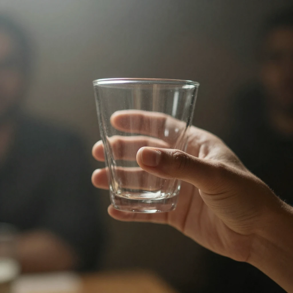 A close-up of a hand gently raising a glass in a silent toas...