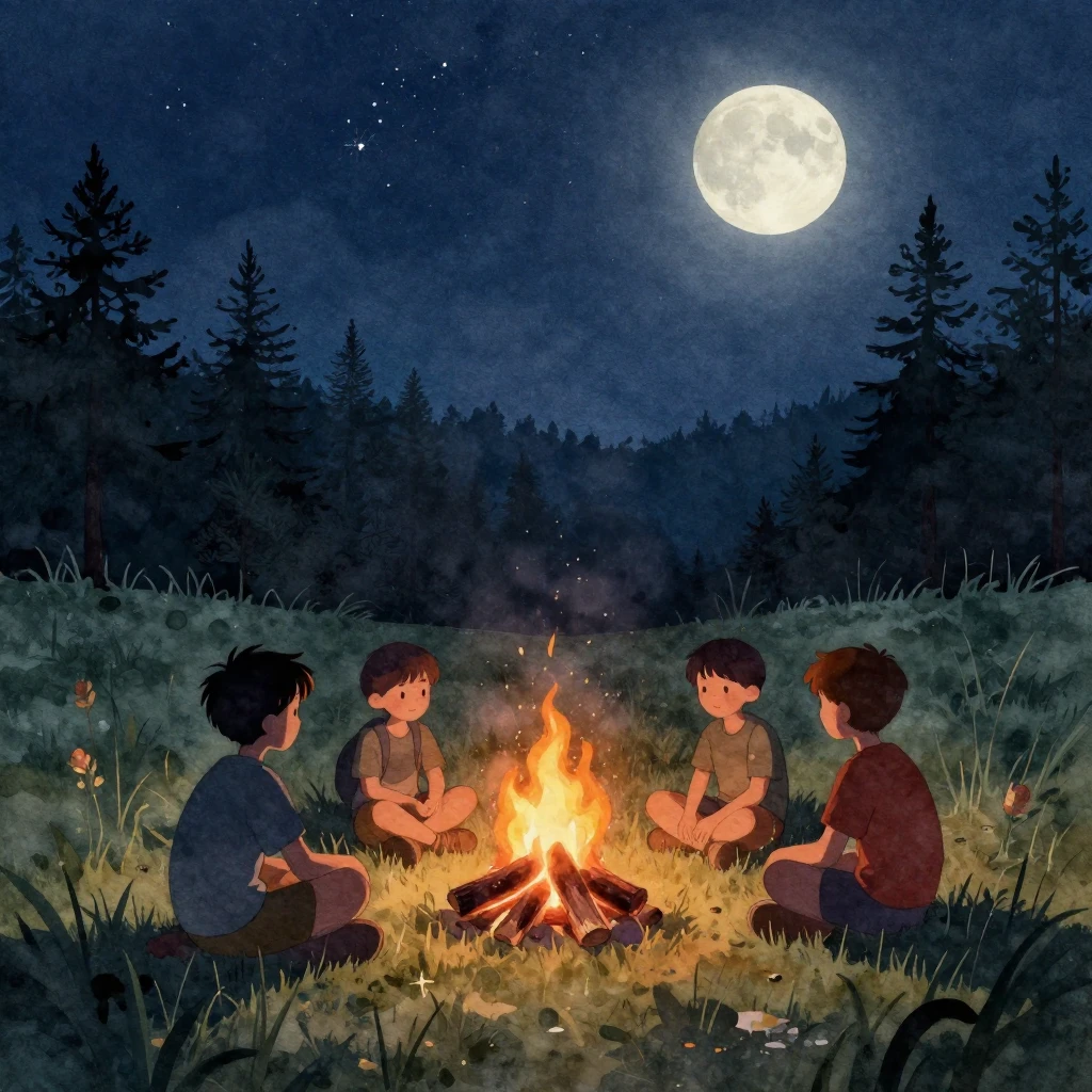 Silhouettes of young boys sitting around a campfire in a ser...